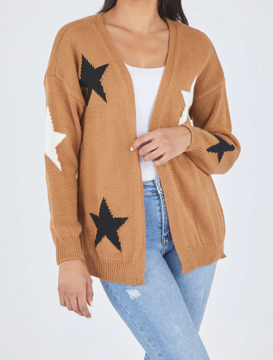 Halflang open vest met sterrenprint - Kameel - Image 4