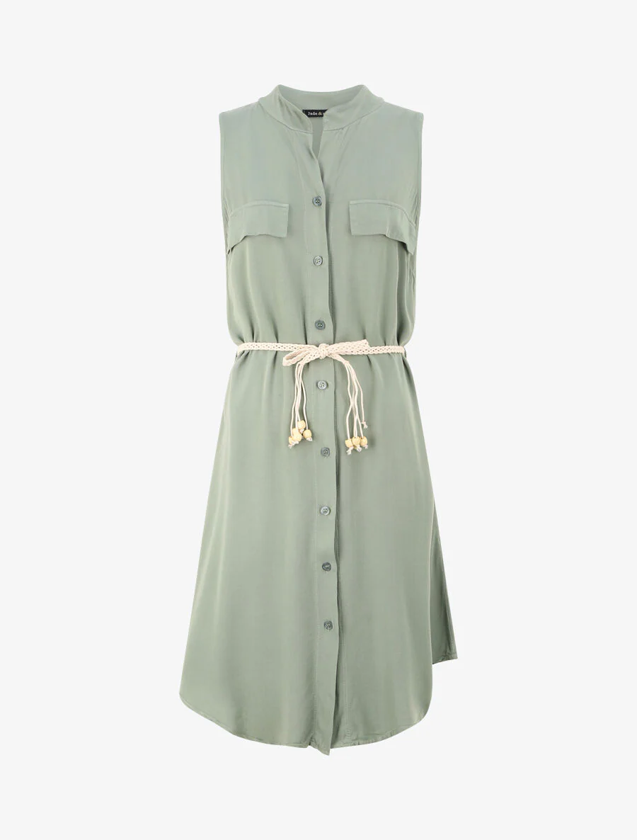 Halflange effen shirtjurk met decoratieve zakken - Olijfgroen