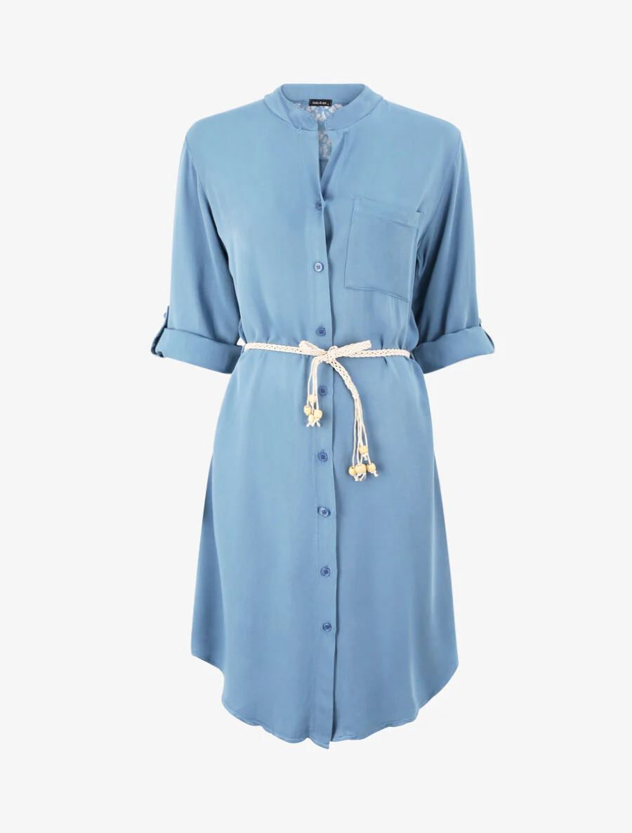 Halflange effen shirtjurk met kant aan de achterkant - Blauw