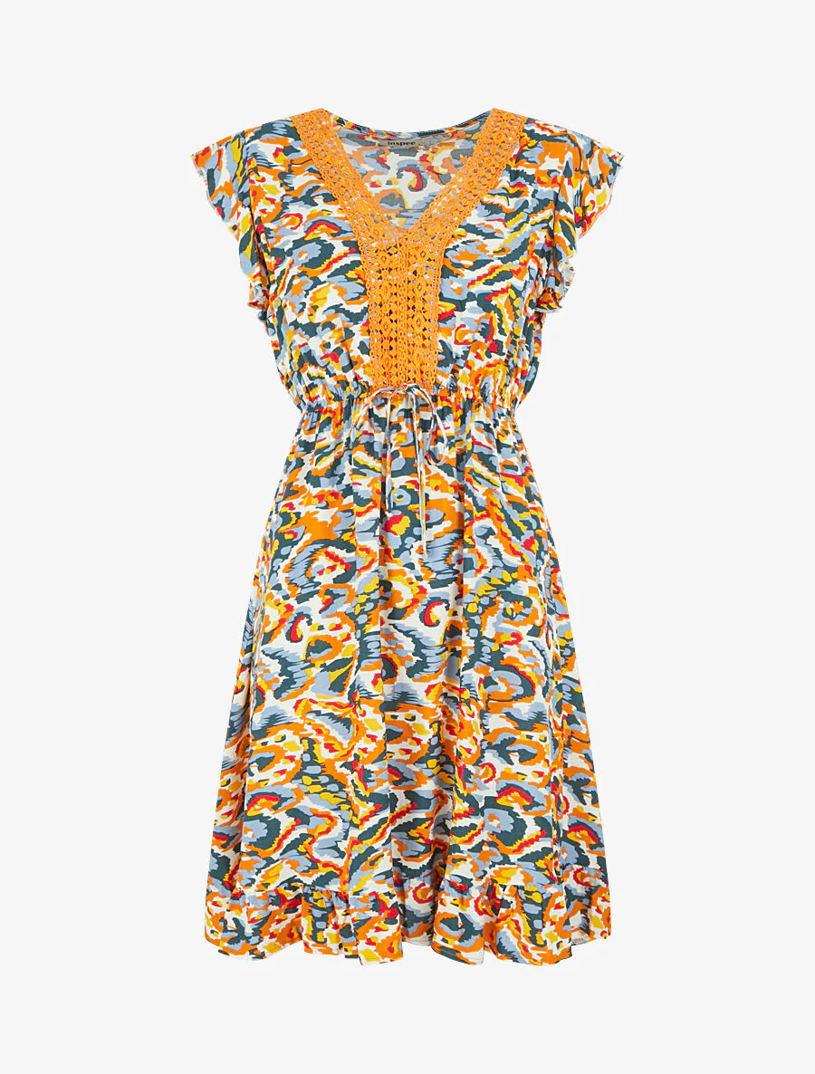 Halflange jurk met abstracte print en trekkoorden - oranje