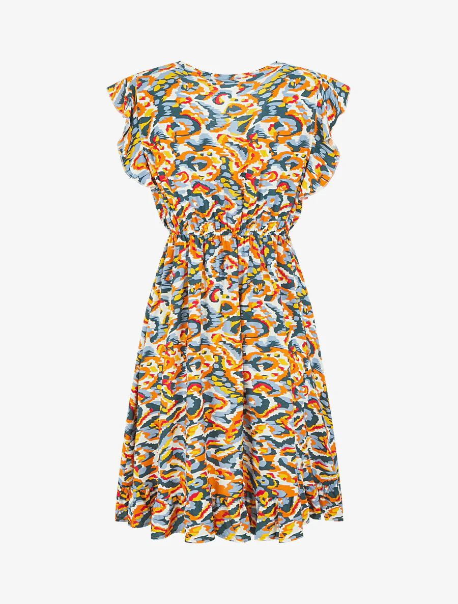 Halflange jurk met abstracte print en trekkoorden - oranje - Image 2