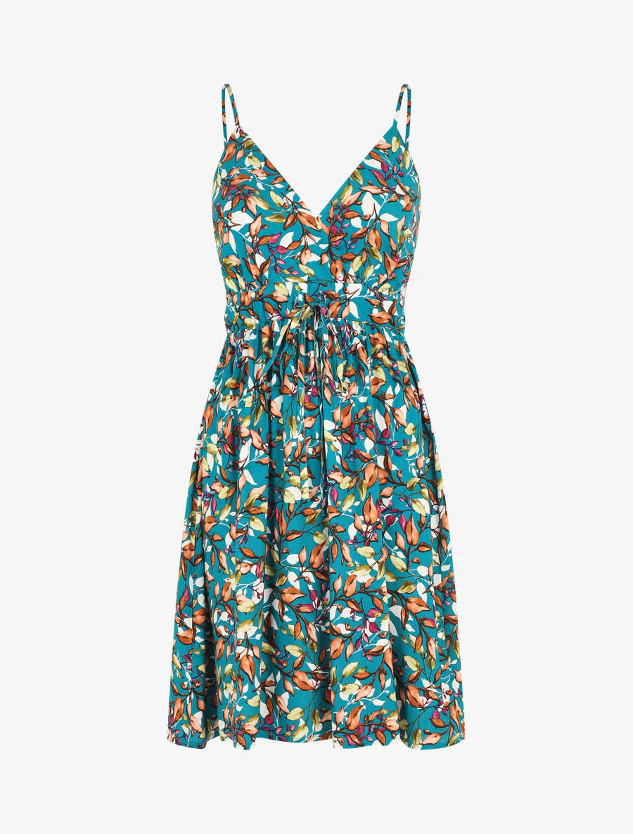 Halflange jurk met bladerenprint - Blauwgroen