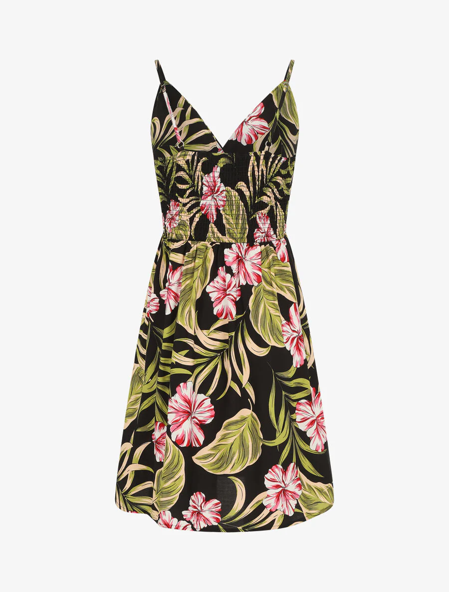 Halflange jurk met bladerenprint - zwart - Image 2