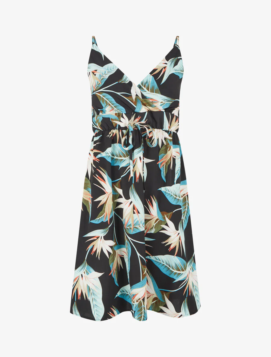 Halflange jurk met bladerenprint - Zwart