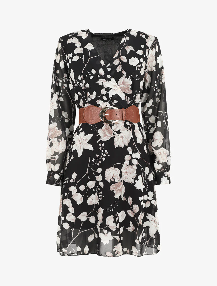 Halflange jurk met bloemenprint - Zwart