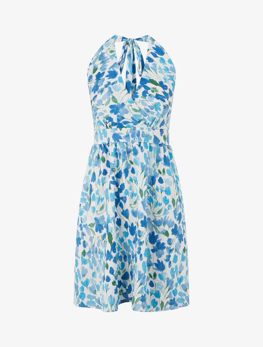 Halflange jurk met blote rug en abstracte bloemenprint - Blauw