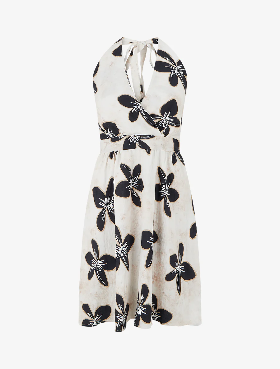 Halflange jurk met blote rug en grote bloemenprint - Nachtblauw