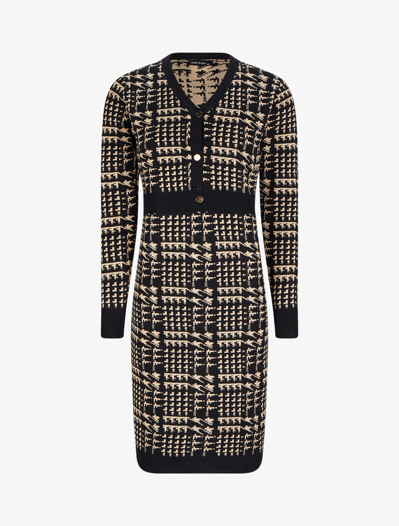 Halflange jurk met V-hals en grafische print - Zwart/camel