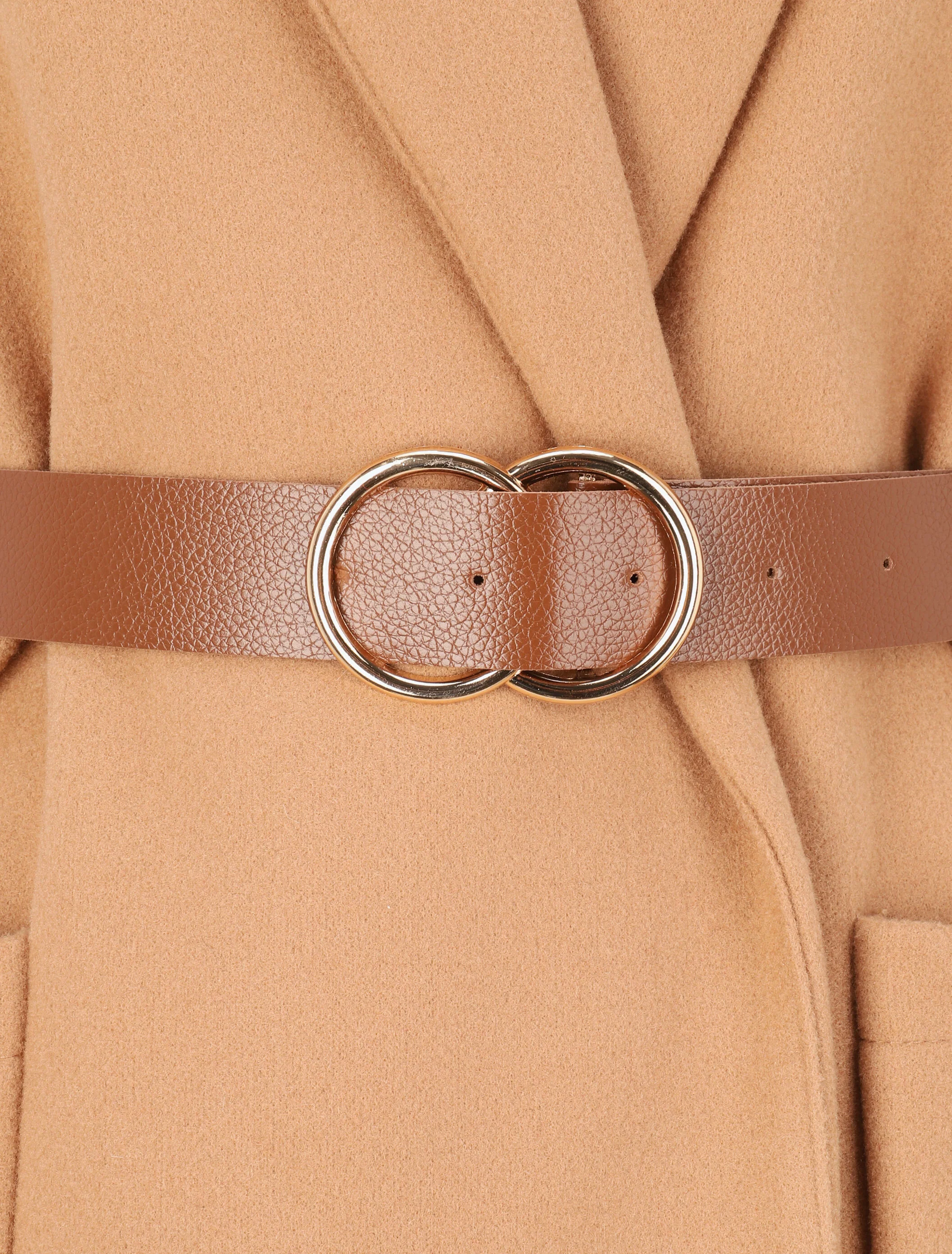 Halflange mantel met sjaalkraag en riem - Camel - Image 3