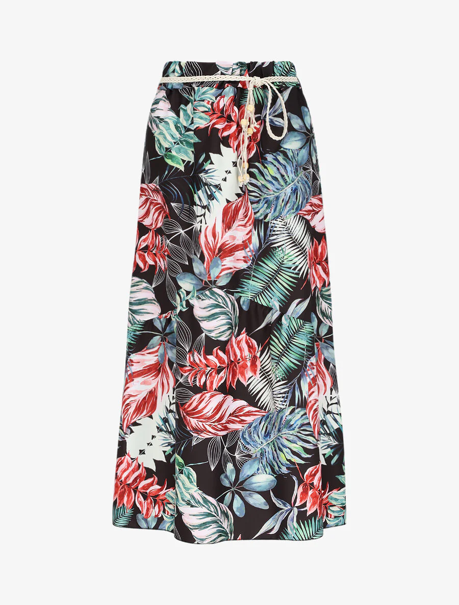 Halflange rok met V-naad en tropisch print - Zwart