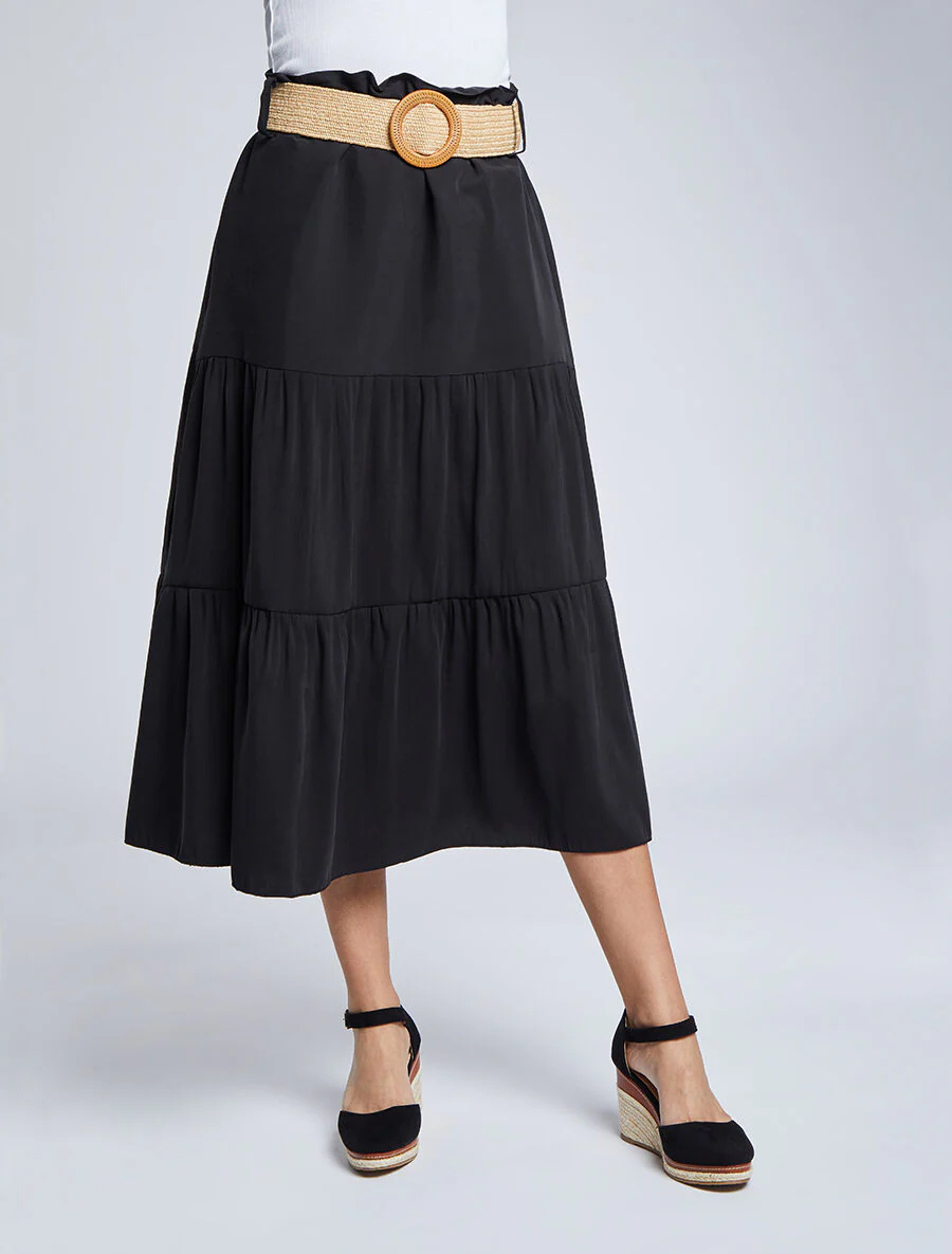 Halflange trapèze rok met papieren zak taille - Zwart - Image 4
