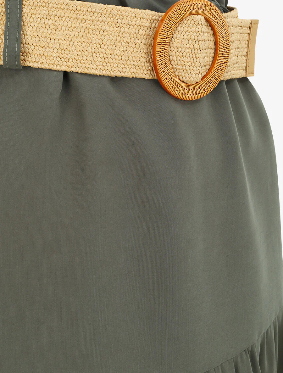 Halflange trapèze rok met papieren zak taille - Kakigroen - Image 3