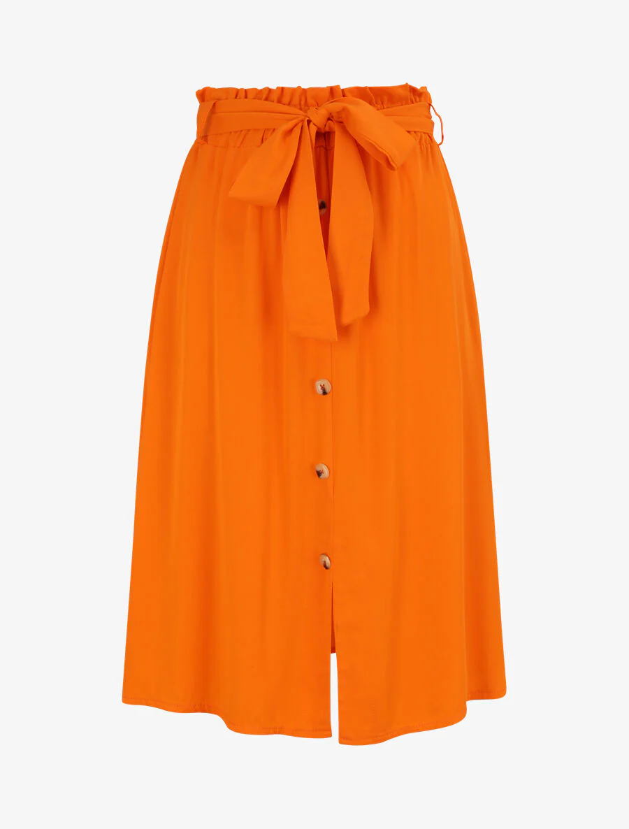 Halflange uitlopende effen rok met gerimpelde taille - Oranje