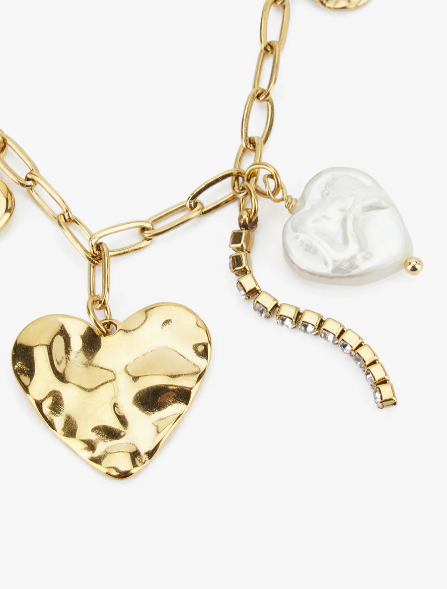 Halsketting met hartjes bedels en strass. - Goud - Image 3