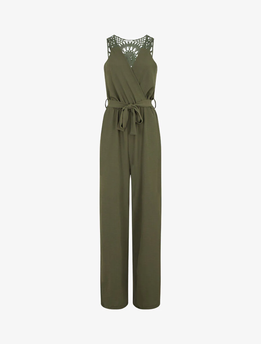 Hartvormige jumpsuit met borduursel op de rug - Khaki