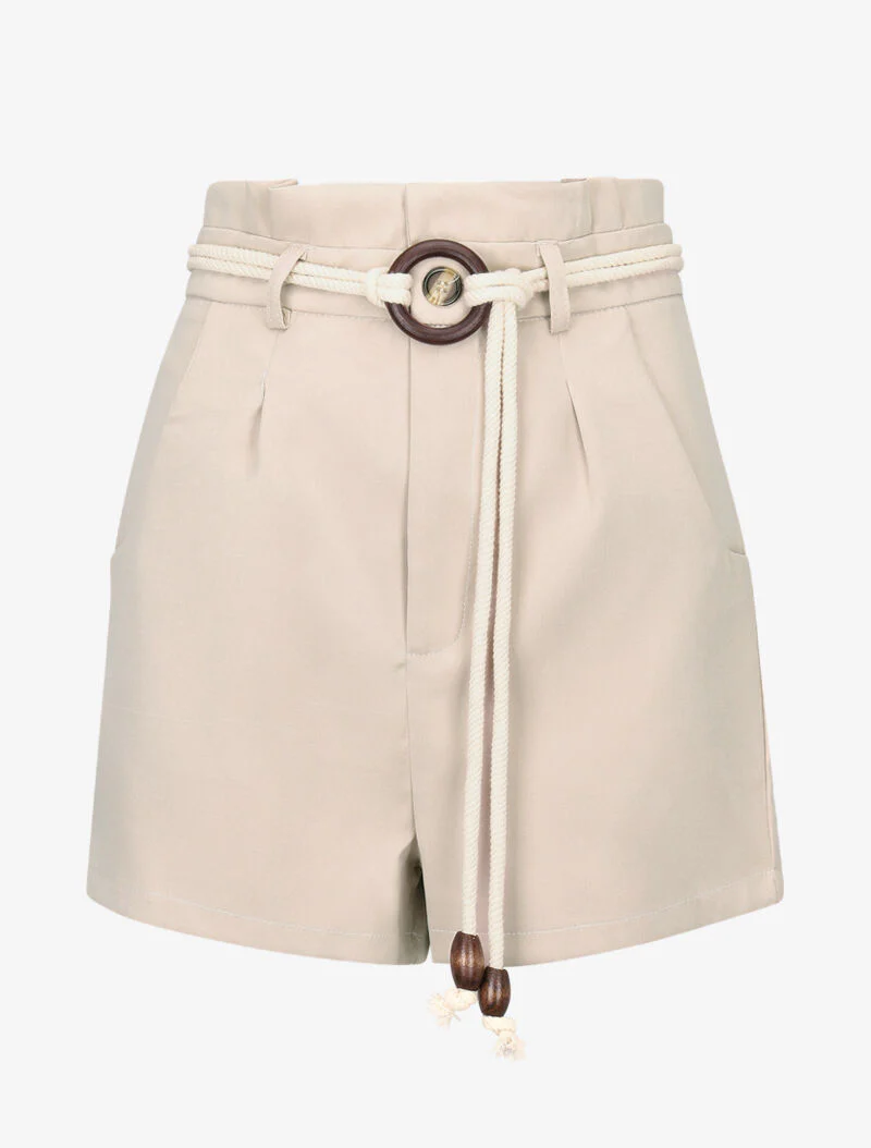 Hoge taille basic short met paperbag-detail - beige