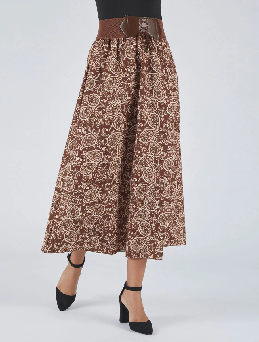 Hoge taille lange cachemire gedrukte rok - Bruin - Image 4