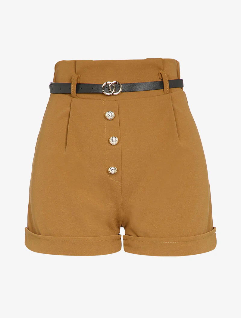 Hoge taille korte broek met gestileerde knopen - Camel