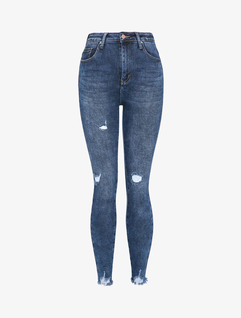 Hoge taille skinny jeans met gescheurde en rafelige randen - Blauw denim
