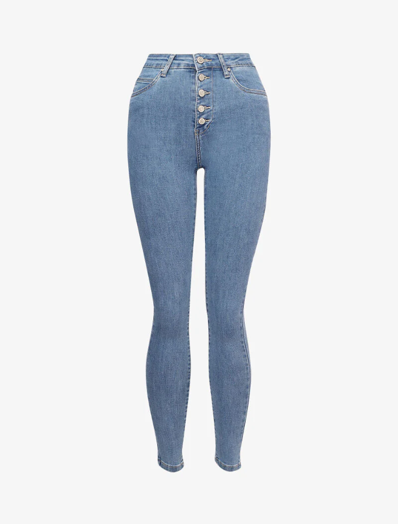 Hoge taille skinny jeans met knoopsluiting - Lichtblauw