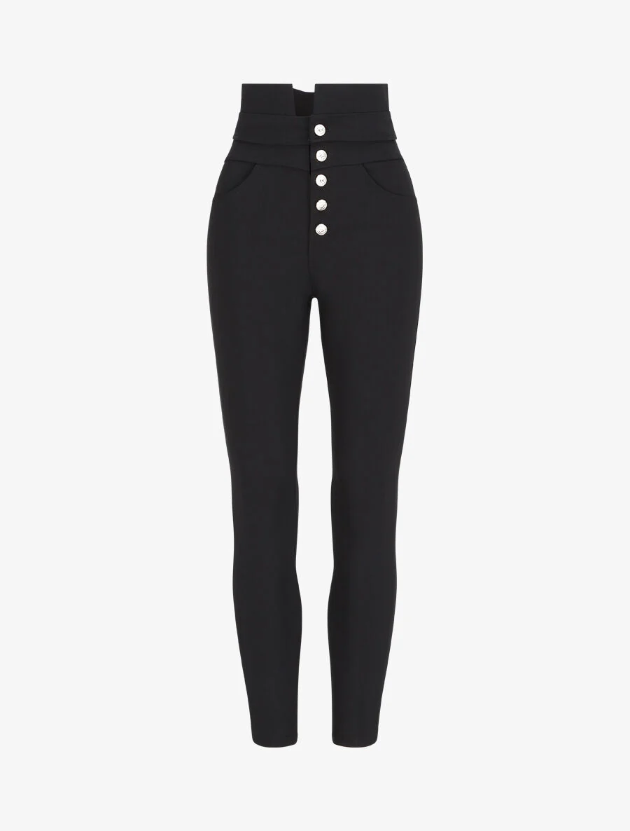 Hoge taille strakke gouden knoop broek - Zwart