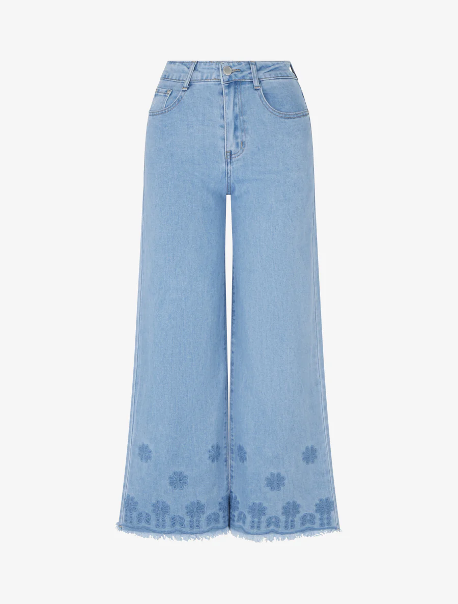 Hoog getailleerde jeans met geborduurde randen. - Blauw