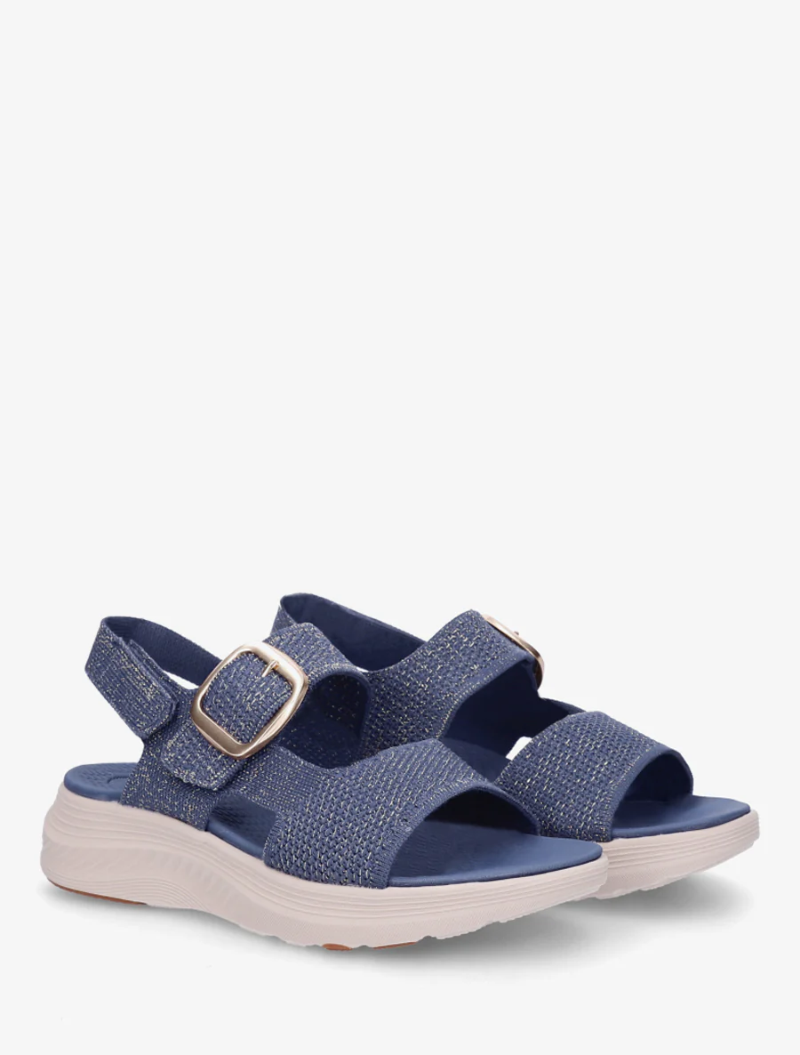 Iridescerende stoffen sandalen met gesp en klittenband. - Donkerblauw - Image 4