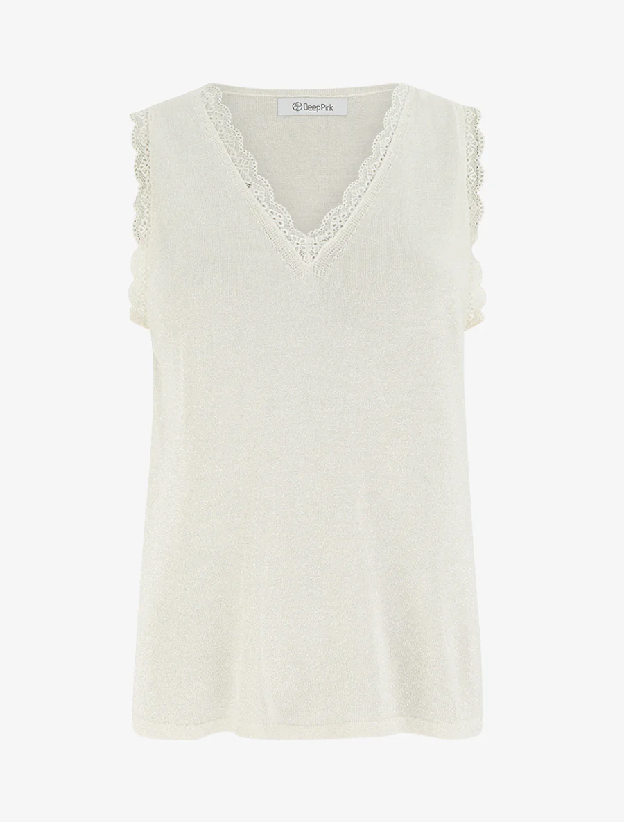 Irisé tanktop met kanten kraag - Beige