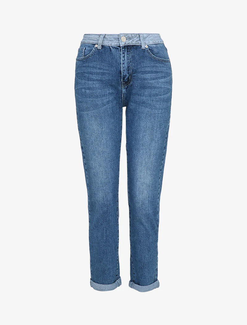 Jean boyfriend met contrasterende lage taille - Blauw denim