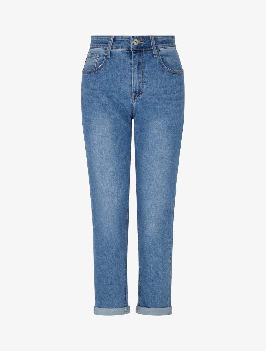 Jean met omgeslagen zoom, mom fit - Blauw