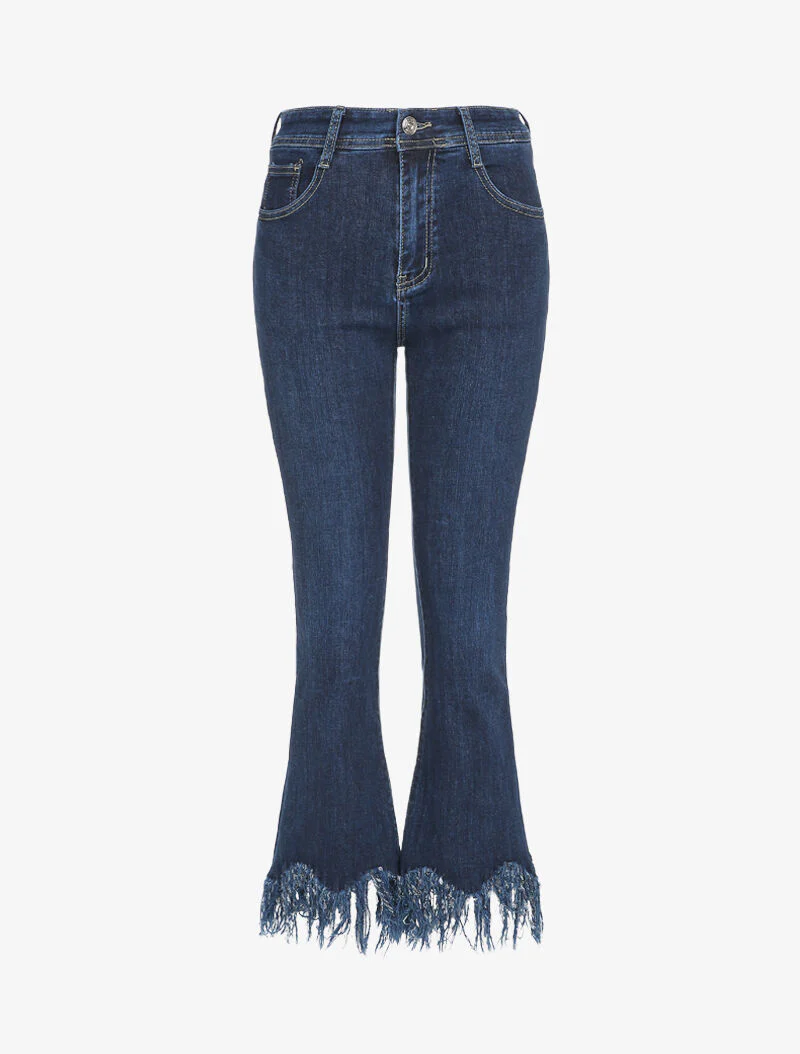 Jean met uitlopende pijpen en franjes aan de randen - Blauw denim