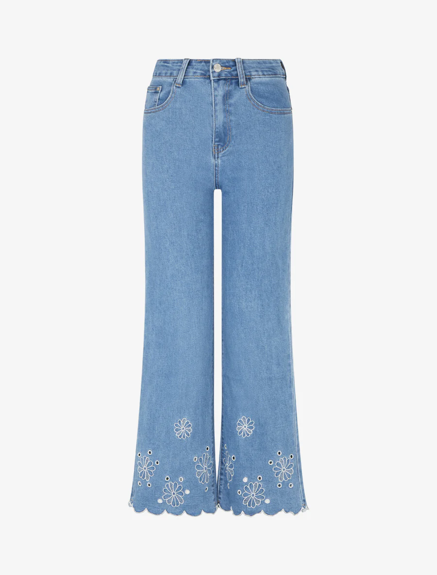 Jean met wijde pijpen en golvende zomen - Blauw