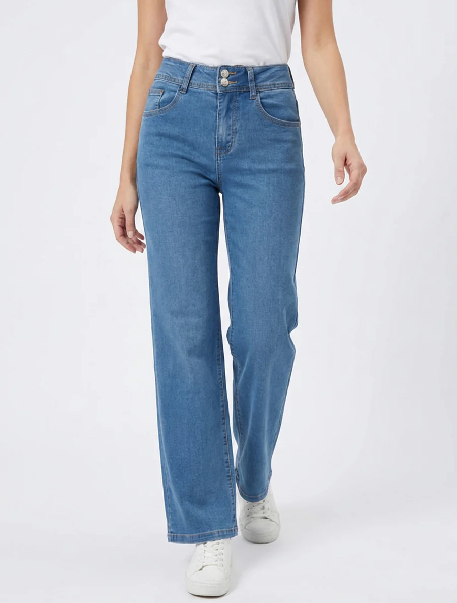Jean met wijde pijpen en hoge taille in rechte snit - Blauw - Image 4