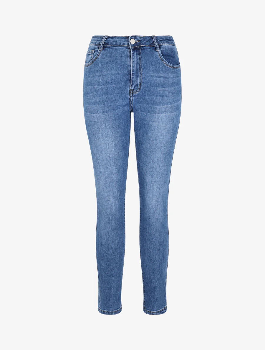 Skinny jeans met hoge taille en gewassen - Lichtblauw