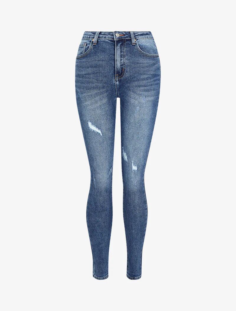 Jean skinny hoge taille met krassen - Blauw denim