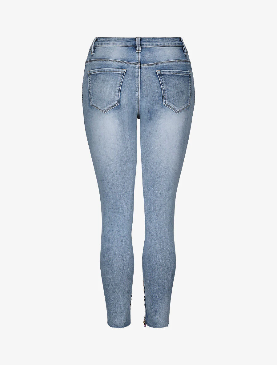 Jean slim hoge taille borduurwerk en parels - Blauw - Image 2