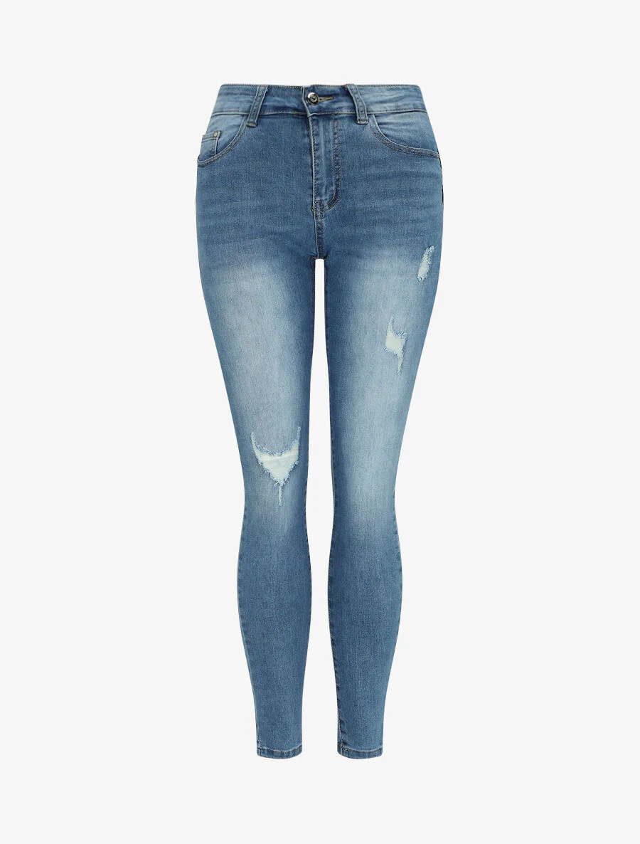 Slim fit push up jeans met scheuren - Blauw denim