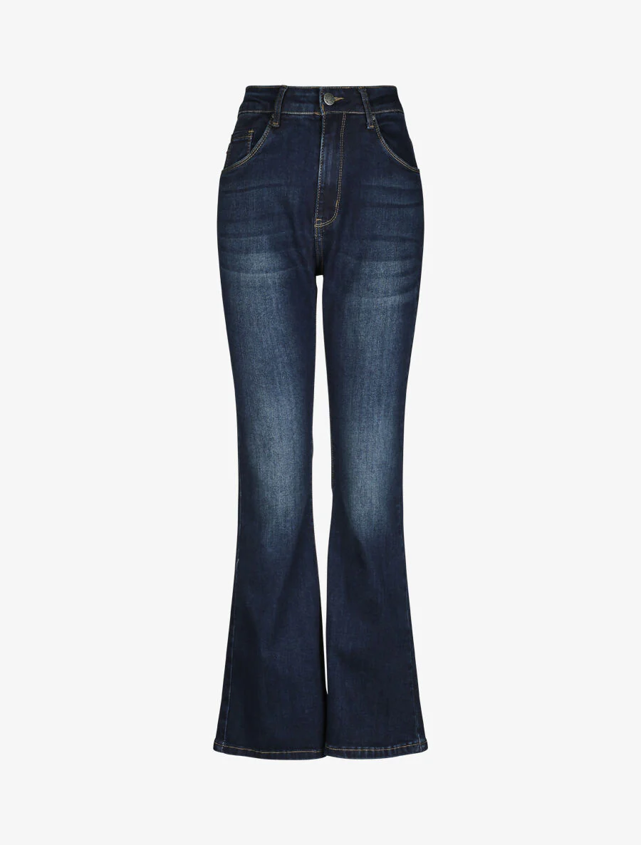Jean met hoge taille en uitlopende pijpen - Donker denim