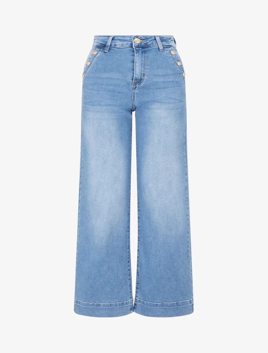 Jeans met hoge taille en decoratieve knopen, rechte snit - Blauw