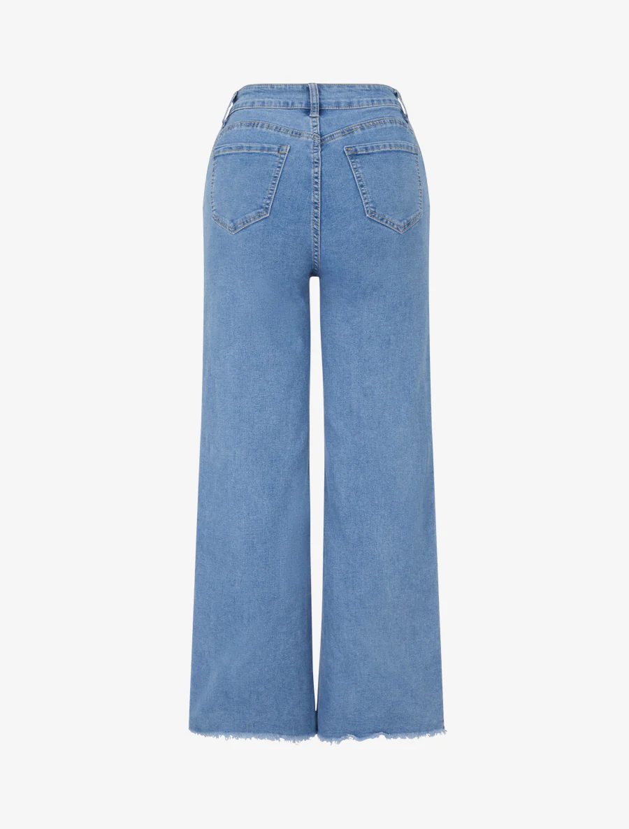 Jeans met rechte pijpen, ruwe randen en decoratieve knopen - Blauw - Image 2