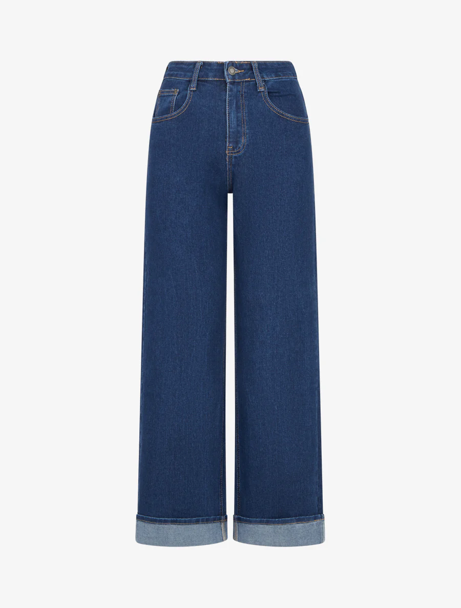 Jeans met wijd uitlopende pijpen, hoge taille en omslagboorden. - Blauw