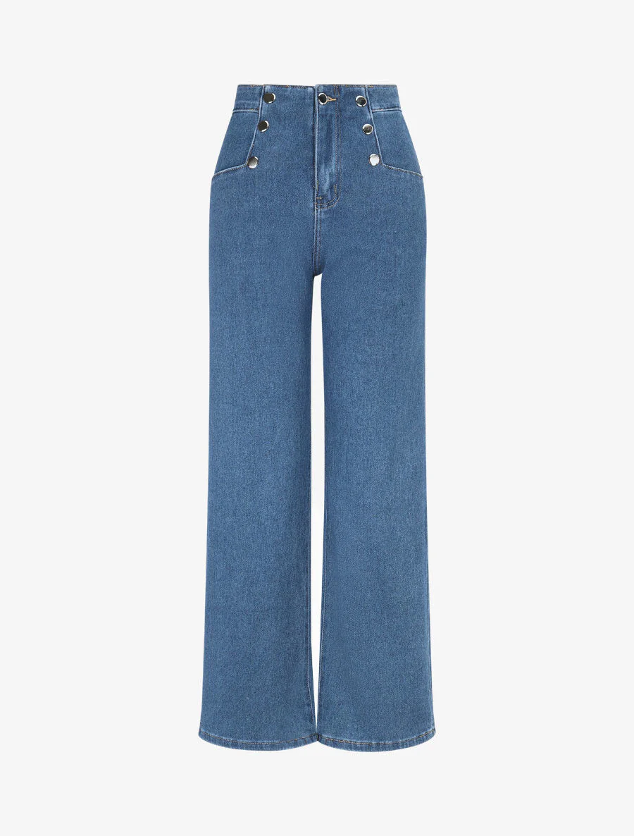 Jeans met wijde pijpen en sierknopen. recht model - blauw