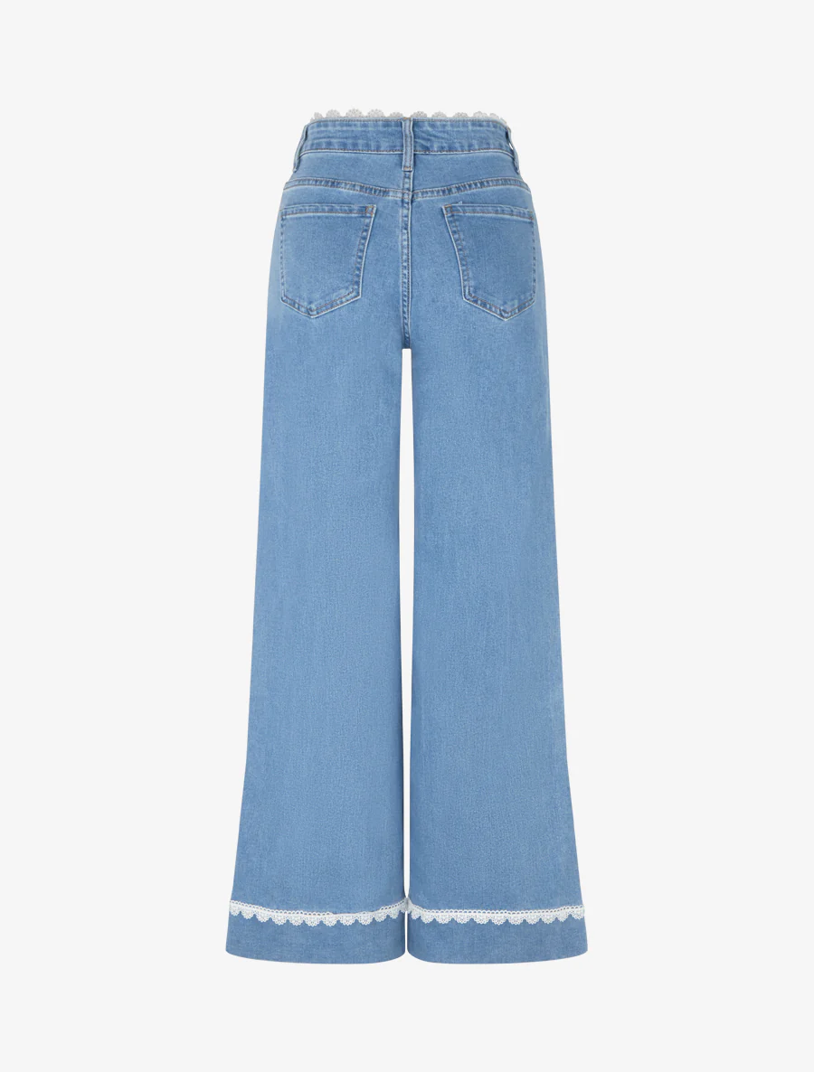 Jeans met wijde pijpen, kanten boord en taille - Blauw - Image 2