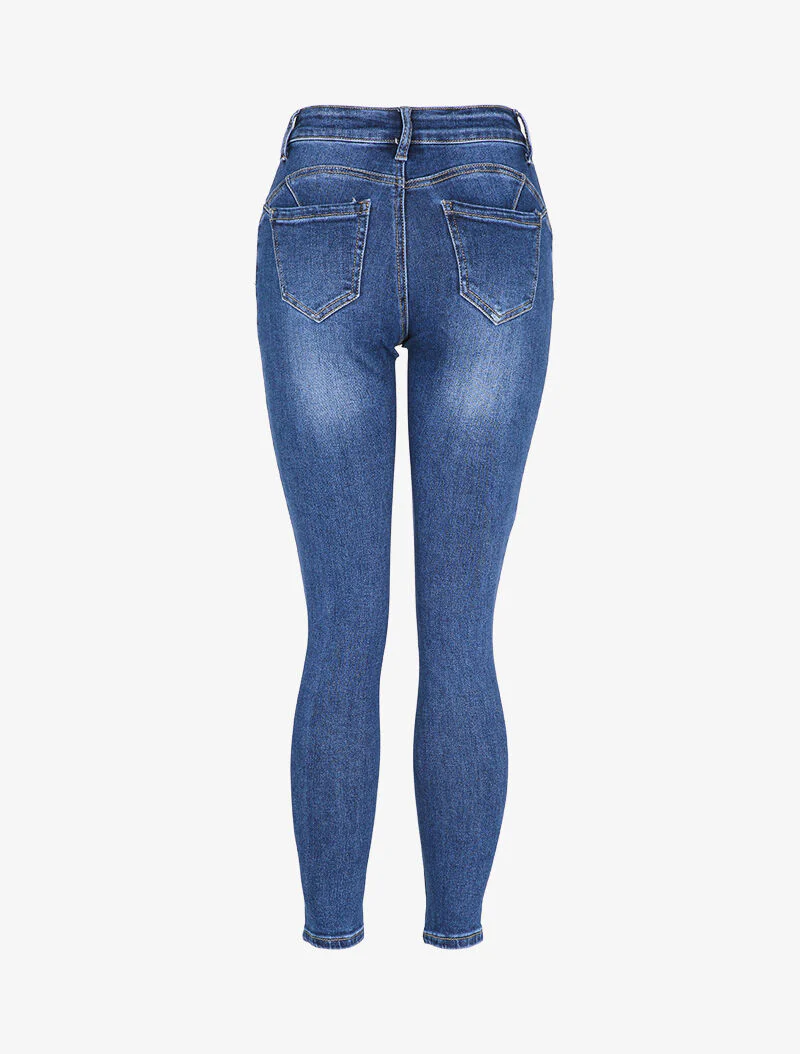 Hoge taille skinny jeans gewassen - Blauw denim - Image 2