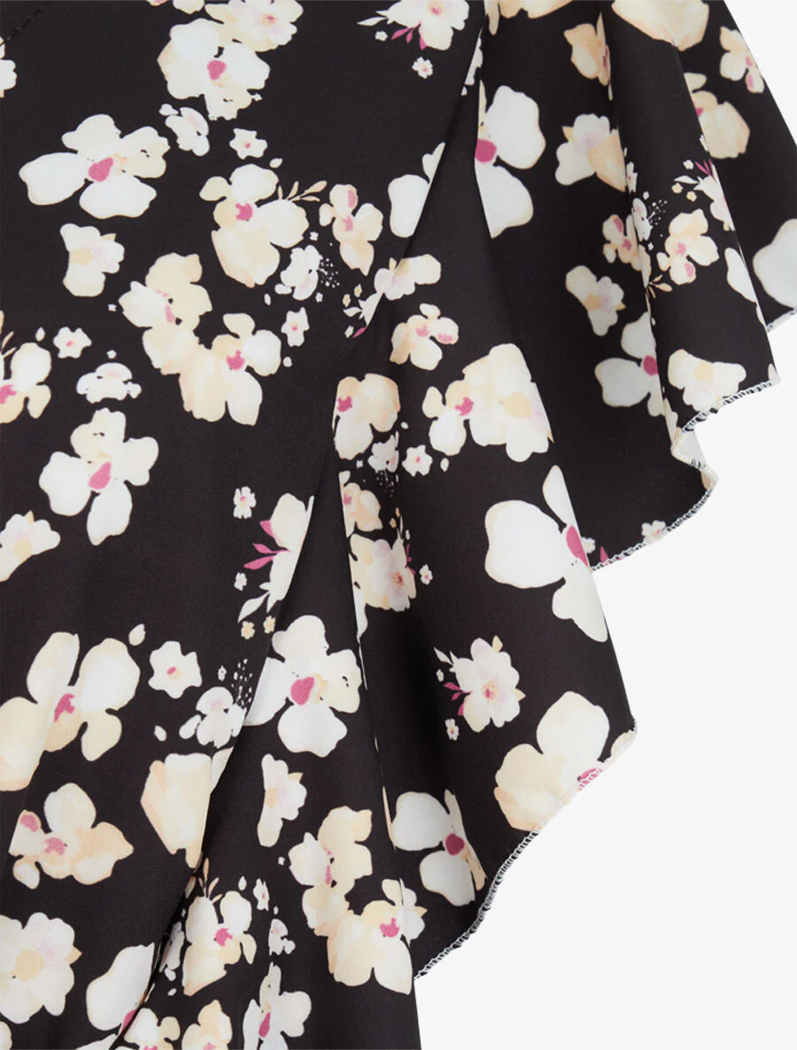 Korte jumpsuit met kersenbloesemprint en ruches op de schouders - Zwart - Image 3