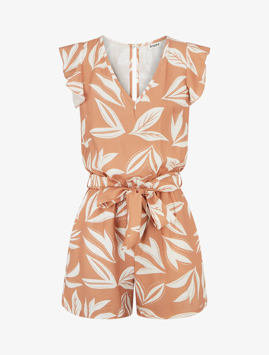 Jumpsuit met ruches mouwen en bladprint - Kameel