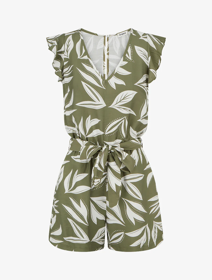 Jumpsuit met ruches mouwen en bladprint - Kaki