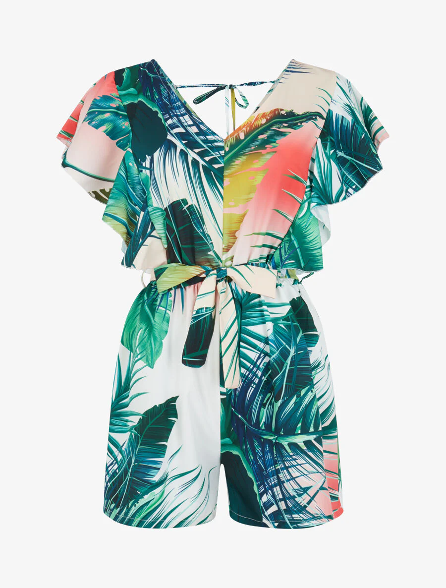 Tropische print jumpsuit met ruches op de schouders - Wit