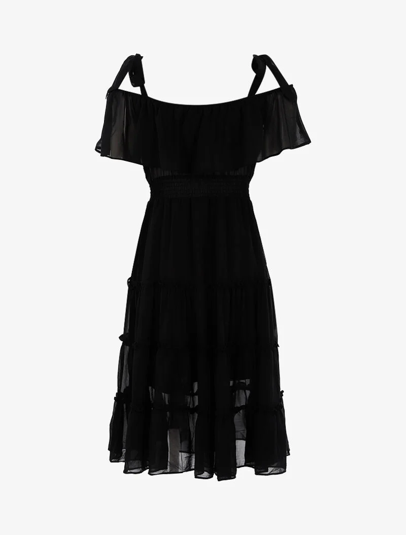 Off-shoulder jurk met ruches - zwart - Image 2