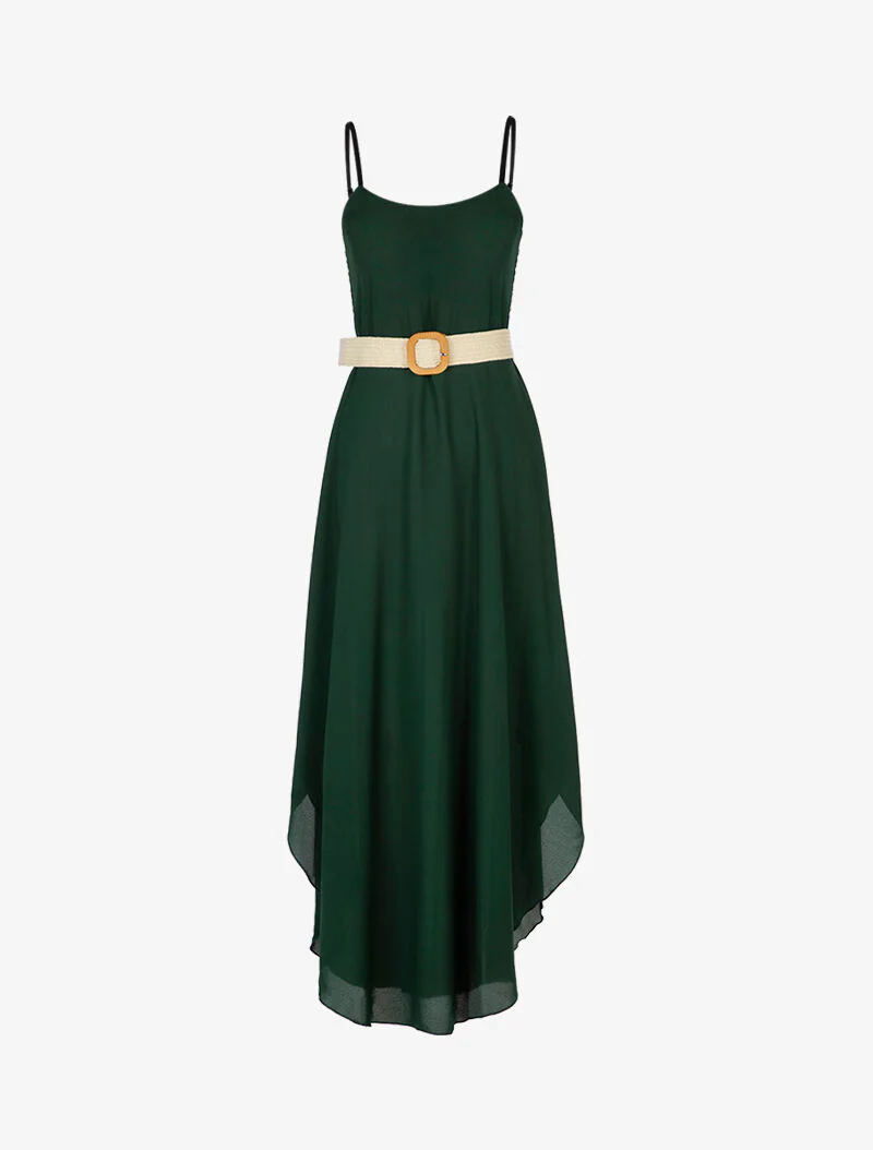 Jurk met chiffon effect afgeronde lage uitsnijding - Flessengroen